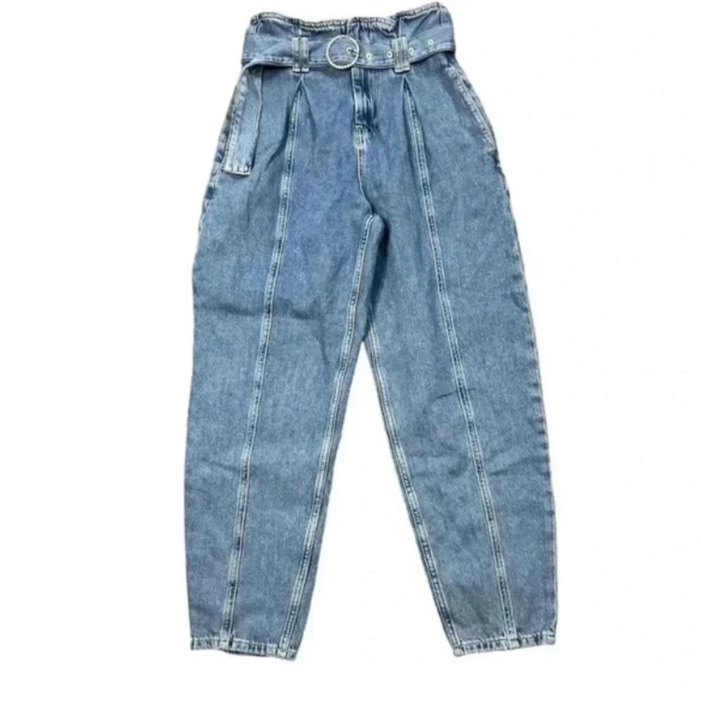 Zara Jeans Lagenlook Baggy Harem Denim Belted High-Rise 100% Cotton Size 00